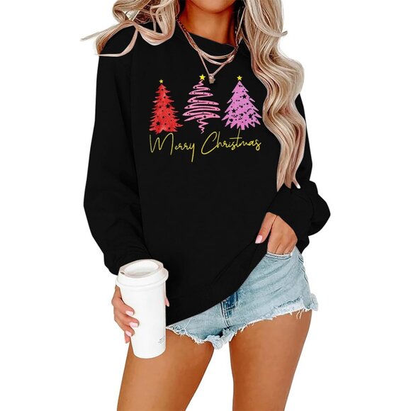 Sweaters - Women Christmas Sweater Long Sleeve Graphic Holiday Sweatshirt Christmas Tree
